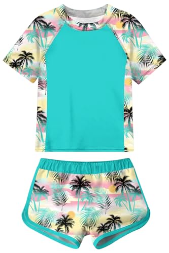 Fanient Maillot de Bain pour Filles Idéal pour La Plage avec T-Shirt Anti-UV pour Adolescentes Imprimé Cocotier Vert 11-12 Ans Taille 12T