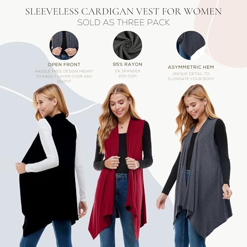 Image of Azules Sleeveless Cardigan for Women, Soft Lightweight Duster Open Front Sleeveless Long Cardigan Vest (3 Pack)