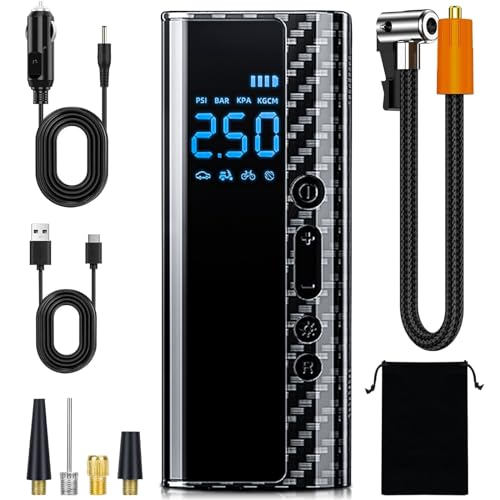 HOWFLEW Tire Inflator Portable Air Compressor Multipurpose Air Pump Cordless 150 PSI Auto Shut-Off 7500mAh Battery & 12V DC Dual Power w/Accurate Digital Pressure Gauge LCD Screen LED Emergency Light