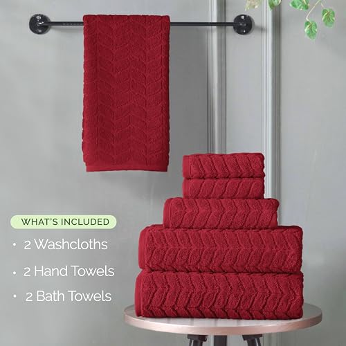 Image of Elegant Comfort Luxury 6-Piece 100% Turkish Cotton Jacquard Braided Textured Premium Hotel Quality Towel Set- Soft and Absorbent, Includes 2 Bath Towels, 2 Hand Towels and 2 Washcloths, Burgundy