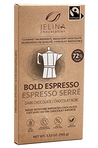 Jelina Chocolatier | 8 Pack 72% Dark Chocolate Espresso Bar | Fair Trade Chocolate Bars | Imported, Non-GMO, Natural Chocolates - 3.52oz Each Jelina Chocolatier | 8 Pack 72% Dark Chocolate Espresso Bar | Fair Trade Chocolate Bars | Imported, Non-GMO, Natural Chocolates - 3.52oz Each