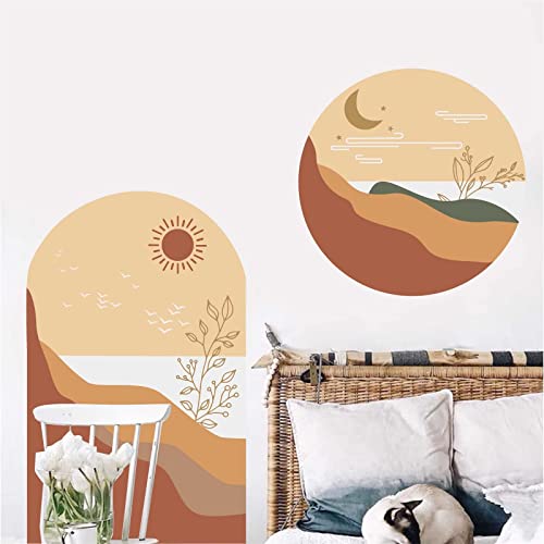 Boho Wall Decal Sun Mountain Arch Wall Stickers Full Moon Mountain Circle Wall Decals Headboard Wall Sticker Removable Peel and Stick Wall Decals for Bedroom Living Room Decor