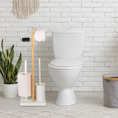 Portarrollos escobillero de bambú blanco y madera con balda Relaxdays 3