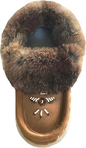 Laurentian Chief Moccasin Slippers for Women – Ladies Durable Slippers with Real Rabbit Fur Trim and Thick Fleece Lining – Canada Quality Beaded Style Warmie Shoes for Indoor & Outdoor Use3