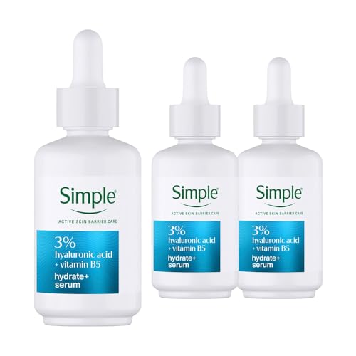 Simple Hydrate+ Serum 3 Pack, 30ml Each, 3% Hyaluronic Acid + B5 Moisture Boost Face Serum, Lightweight Hydrating Formula, Plumps Smooths and Refreshes Dry and Dull Skin