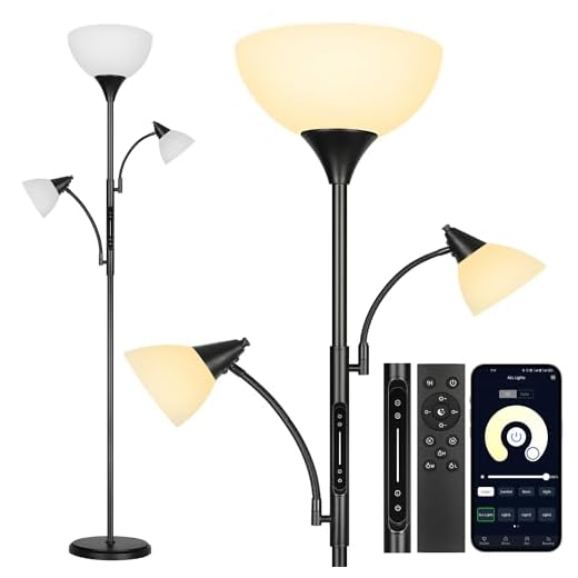 OUTON Lampadaire à Intensité Variable avec Télécommande, Contrôle par Application, Lampe Torche Moderne avec 3 Lumières, 4 Températures de Couleur, 1-H Minuterie pour Salon, Chambre à Coucher, Bureau