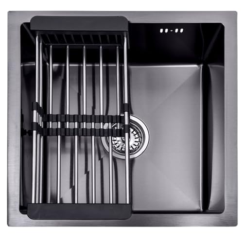 Lendo Online Fregadero con Tendedero   Acero inoxidable y antracita/negro   Lavabo con sistema de drenaje de agua   Fregadero para cocina + ganchos (Negro/Antracita, 44x44x20cm)