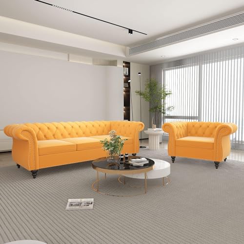 Image of A to Z Furniture Modern Classic Fabric & Valvet Tufted Chesterfield Sofa Living Room and Office (Yellow)