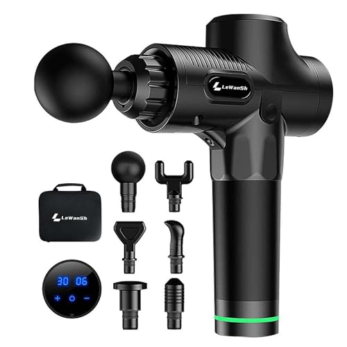Massage Gun, LeWanSha Muscle Massage Gun with 6 Heads and 3200RPM, 30 Speeds Anti Slip Electric Handheld Massagers, Type-C Charging Massage Gun Deep Tissue for Body Relax, LCD Display