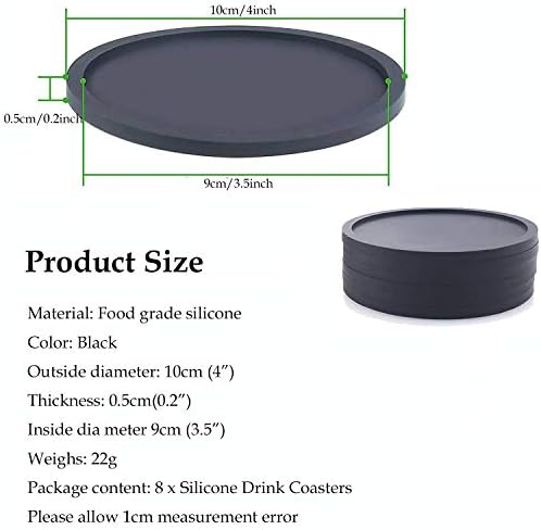Litensh 8pcs Silicone Drink Coasters Set in Holder with Deep Grooved, vinyl Non Slip Coffee Mat, Rubber Heatproof Tea Cups Pad, Round Soft Drink Bottom for Home Bar Office Parties, Black