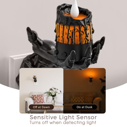 Image of Briignite Halloween Night Light, Gothic Hand Candle Night Light, Amber | Spooky night lights plug into wall with flickering flame, dimmable, 2 light modes /flame modes for Halloween decor and parties