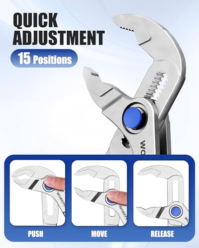 WORKPRO Mini Water Pump Pliers, 4-Inch Groove Joint Pliers, Fast Adjustable Tongue and Groove Pliers with 15-Position Push-Lock, V-Jaw for Multi-Surface Grip, Ideal for Tight Spaces and Versatile Use - Image 5