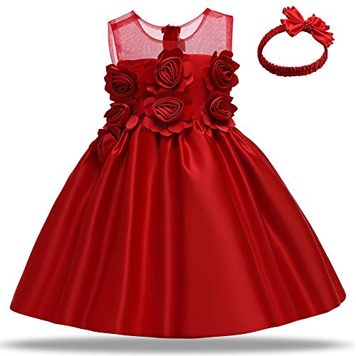 NNJXD Baby Girls Birthday Dress Flower Wedding Pageant Baptism Christening Tutu Gown Size (90) 12-24 Months Red #E