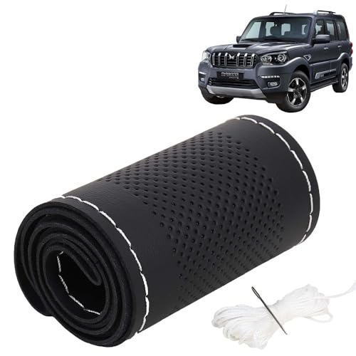 Image of KINGSWAY PU Leatherite Car Steering Cover Sewable Compatible with Mahindra Scorpio Classic (Year 2022 Onwards), Black Color with Silver Thread, Pack of 1 with Sewing Needle and Thread