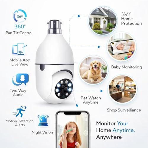 Image of JB Supar 3MP WiFi Light Bulb Camera for Home Indoor | 360 View | Full HD | Color Night Vision |Motion Detection | Two Way Audio | Wireless Home Security Camera with Mobile App V380 Pro (Light Camera)