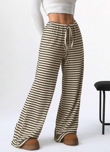 Image of Women's Casual Checkered Pants Drawstring Elastic Waist Comfy Loose Straight Wide Leg Plaid Pants with Pockets