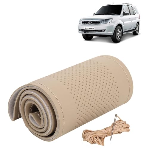 Image of KINGSWAY PU Leatherite Car Steering Cover Sewable Compatible with Tata Safari Storme (Year 2012 Onwards), Beige Color with Beige Thread, Pack of 1 with Sewing Needle and Thread