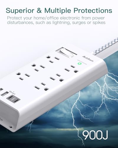 Image of Addtam Power Strip Surge Protector 6 Outlets and 3 USB Ports 5Ft Long Extension Cord, Flat Plug Overload Surge Protection Outlet Strip, Wall Mount for Home, Office and Dorm