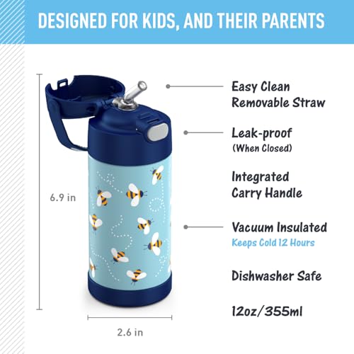 Image of THERMOS FUNTAINER 12 Ounce Stainless Steel Vacuum Insulated Kids Straw Bottle, Honey Bees