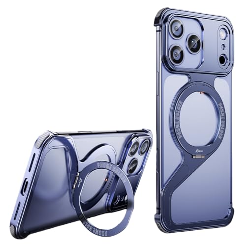 IPhone 17 / 17 Pro / 17 Pro Max 用 Z型メタルバンパーケース、フレームレス超軽量アルミ合金保護カバー、360°回転リングスタンド付き、放熱構造・耐衝撃・MagSafe対応(Blue,17 Pro Max)