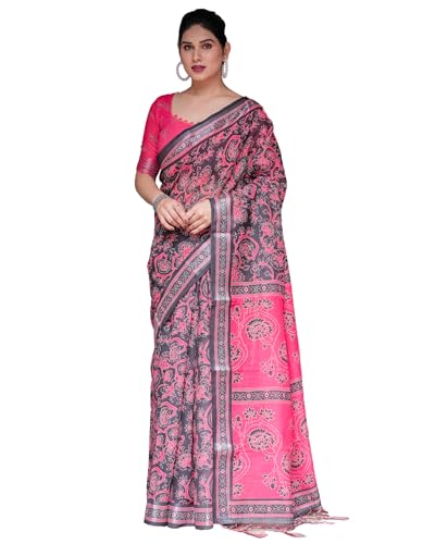 Image of Kaugalian store Linen Cotton Floral Printed Saree for Women with Unstitched Blouse Piece | 5.5 M Saree & 0.8 M Blouse