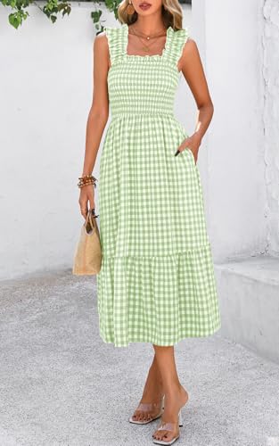 Image of PRETTYGARDEN Women's Summer Dress Casual Ruffle Strap Gingham Midi Sundress