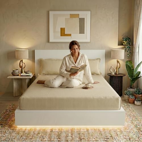Image of Filymore Double Bed Bedsheet with 2 Pillow Covers, 300 TC Soft Microfiber Satin Striped Bedsheet, Cream Striped Bedcover for Double Bed, Breathable & Comfortable Bedding Set (90x90 Inches)