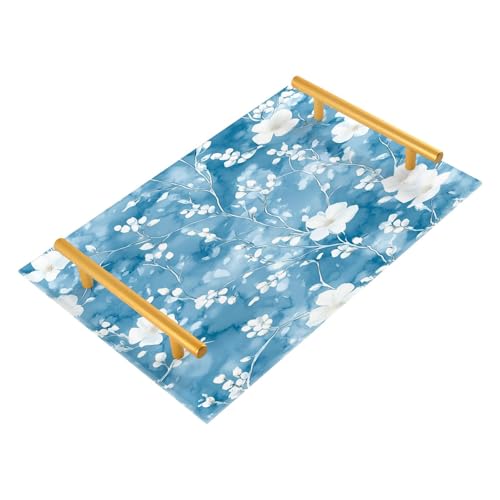 BOESI White Flowers on Blue Background Tray, Tray with Handles, Countertop Organizer, Decorative