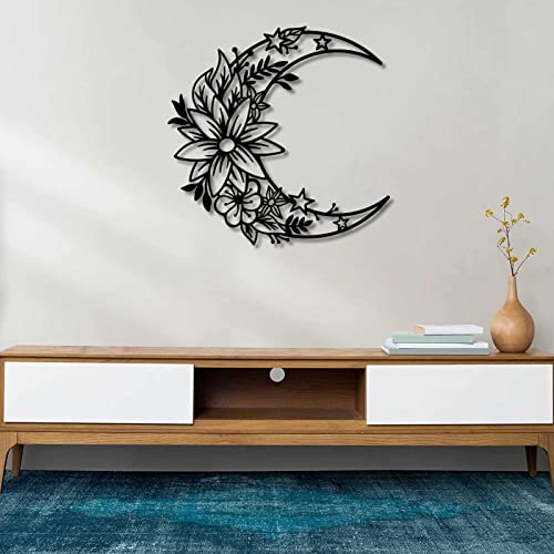 Moon Metal Art Decor, Black Boho Floral Moon Sculpture, Hollow Out Half Moon Flower Wall Silhouette For Outdoor Indoor Decor #TOP3