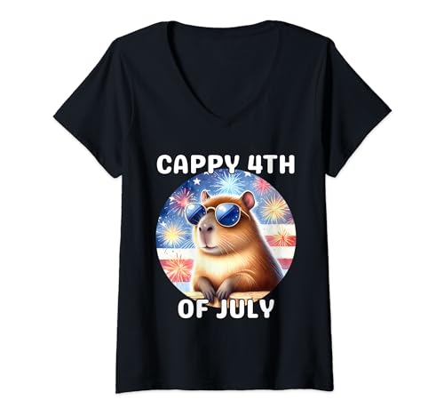 Mujer Capibara divertida con fuegos artificiales 4 de julio Día de la Independencia Camiseta Cuello V