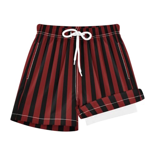 FLildon Dark Red Black Stripes Boys Swim Trunks with Compression Liner Quick Dry Bathing Bottom Kids Beach Shorts, 9-11 Years