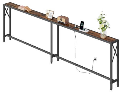 Gewudraw 102" Sofa Table Behind Couch & Socket-Narrow Console Table, Brown