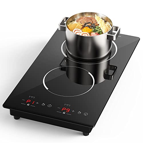 Double Induction Cooktop,110V 2 Burner Induction Cooktop,2300W Electric Stove Top with Independent Control, Ultrathin Body, 9 Temperature, Multiple Power Levels, 2 Hour Timer, Safety Lock