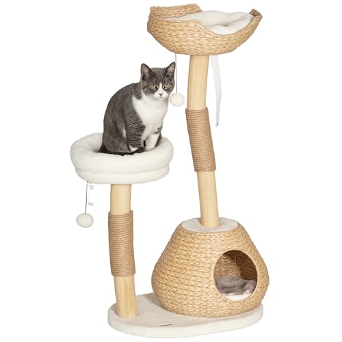 PawHut Cat Tree for Indoor Cats, 41' Wooden Kitten Tower with 2 Real Branch Scratching Posts, Luxury Condo, Beds & Toby Balls, Kitten Activity Center & Cat Furniture, Cream White
