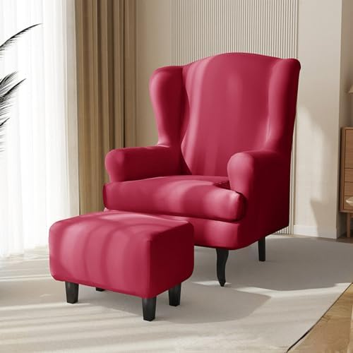 Stretch Wingback Chair and Ottoman Slipcover Set, 2-Piece Armchair and Rectangular Ottoman Covers, Brown Fabric Protector for Furniture
