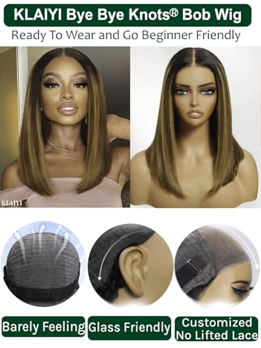 Image of KLAIYI Bye Bye Knots Glueless Wig Ombre Brown with Blonde Bob Straight Precut 7x5Lace Front Human Hair Wig with Dark Roots Pre Plucked Bleached Blunt Cut Balayage Highlight Ready to Wear and Go 14Inch