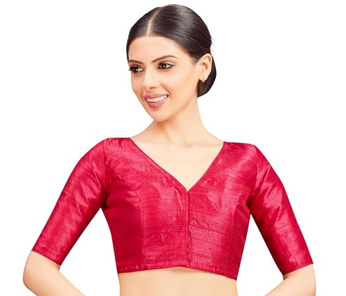 Image of Studio Shringaar Women Readymade Raw Silk V Neck Saree Half Sleeve Blouse