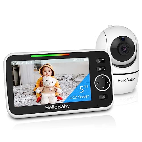 Image of HelloBaby Monitor, 5''Display with 30-Hour Battery, Pan-Tilt-Zoom Video Baby Monitor with Camera and Audio, Night Vision, 2-Way Talk, Temperature, 8 Lullabies and 1000ft Range No WiFi, Ideal for Gifts
