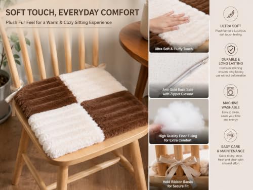 Image of Amazon Brand - Umi Brown & White Checkerboard Faux Fur Chair Seat Cushions, 16x16 Inch Fluffy Dining Chair Pads with Ties, Foam-Filled Rustic Farmhouse Chair Pads, Set of 2