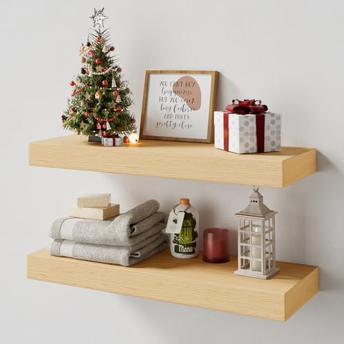 QueenFun White Oak Floating Shelves, 2 Inch Thick Sturdy Wood
