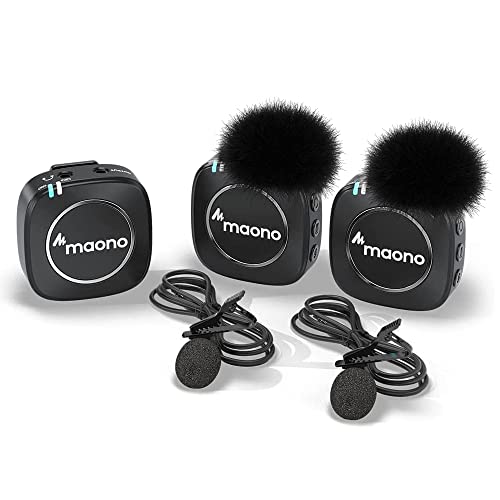 MAONO Compact Wireless Lavalier Microphone, 2.4GHz Dual Lapel Mics with Real-time Monitoring, Gain Adjustment and Mute for Interview, Vlogging, Live Streaming, Phone, Camera (WM820 A2)