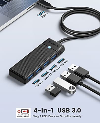 Image of ORICO USB C Hub 4 Ports, USB C to USB Multiport Adapter with 4 USB 3.0 Ports, USB C Splitter Compatible for Laptops MacBook, Surface, iPad Pro, XPS, Chromebook, and Other Type C Devices(Black /0.5ft)