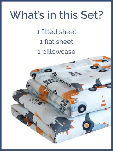 Image of Kids Twin Size Dinosaur Bed Sheets - 3 Piece Kids Dinosaur Sheet Set - Speedy Racecar Bedding - Ultra-Soft, Cute & Cozy - Breathable & Machine Washable - Dino Bed Set for Boys, Girls, Teens & Toddlers