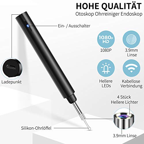 Otoskop Ohrreiniger WiFi, Ohr Endoskop Kamera 3.9mm Ultradünne 1080P HD Ohren Reinigung Kamera Ohrenschmalz Entferner… – Bild 4