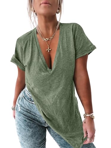Image of Womens Deep V Neck T Shirts Oversized Side Split Summer Sexy Tunic Tops
