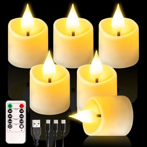 6Pcs Rechargeable Tea Lights: 1.5x2.2 Flameless LED Votive Candles with Remote & Timer USB Battery Operated Flickering Fake Tealights for Home Wedding Centerpiece Table Decor Anniversary Christmas