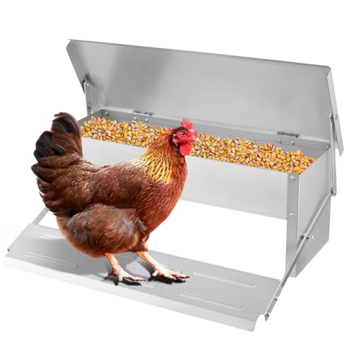 Sararoom 5KG Capacity Automatic Chicken Feeders, Galvanized Treadle Chicken Feeder with Weatherproof Lid, Rat Proof Poultry Feeder, No Waste Poultry Trough for Chickens, Ducks - Silver