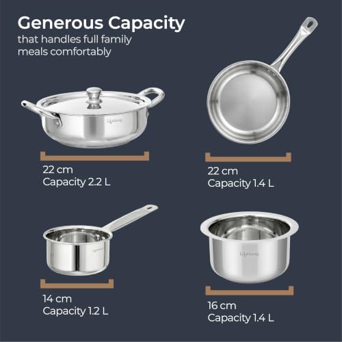 Image of Lifelong Stainless Steel Cookware Set of 5 | Kadhai (2.2L), Fry Pan (1.4L), Saucepan (1.2L), Tope (1.4L) with SS Lid, Induction Bottom, Riveted Handle, Durable Build, Even Heating, Dishwasher Safe