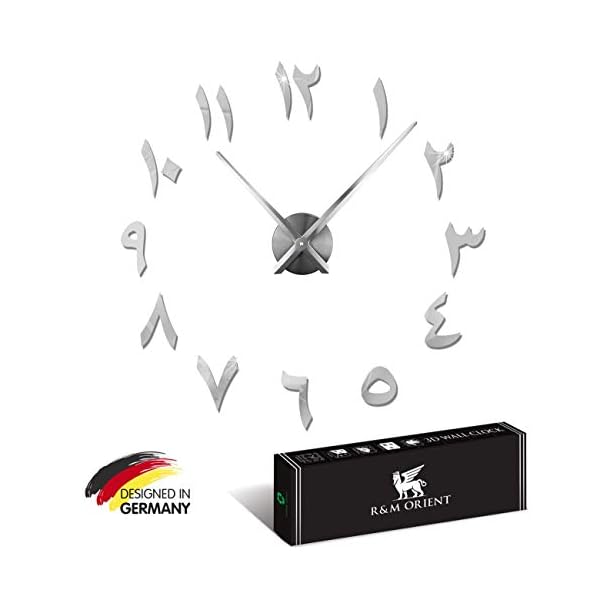 R&M ORIENT 3D Arabische Wanduhr große Moderne Mute DIY - Dekoration Geschenk - Wohnzimmer Home Office (Silber)
