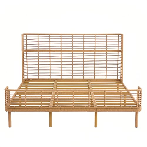 Image of Christopher Knight Home Lamar Boho Rattan California King Bed Frame and Headboard, Wicker California King Size Bed Frame, Metal Platform Bed Frame, No Box Spring Needed, Easy Assembly, Natural Finish